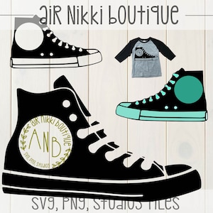 May include: Black and white silhouette of a high-top sneaker with a circle containing the text "Air Nikki Boutique" and the initials "ANB". The text "SVG, PNG, Studios Tiles" is below the sneaker.