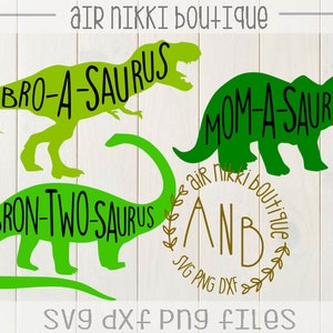 May include: Green dinosaur silhouettes with the text "Bro-A-saurus", "Mom-A-saurus", and "Bron-Two-saurus". A gold circle with the text "ANB" and the text "Air Nikki Boutique" around the circle.