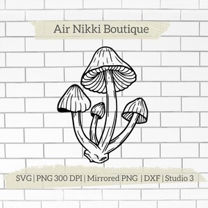 May include: Black and white line art illustration of four mushrooms with stems connected at the base. The mushrooms have rounded caps with a textured design.