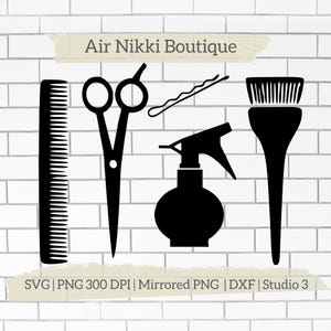 May include: Black and white silhouette of hairdressing tools: a comb, scissors, a spray bottle, and a brush. The text "Air Nikki Boutique" is at the top of the image.