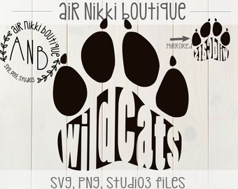 May include: Black and white paw print design with the word "Wildcats" inside. The design is mirrored on the right side of the image. The text "air Nikki boutique" is at the top of the image. The text "SVG, PNG, Studio3 files" is at the bottom of the image.