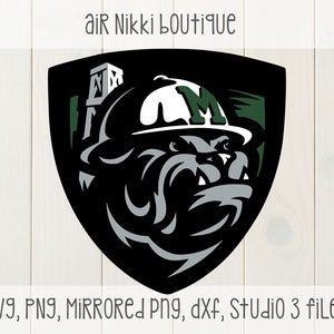 May include: Black and green bulldog mascot logo with a white and green hat. The logo is inside a black shield shape. The text "air Nikki boutique" is above the logo. The text "SVG, PNG, MIRRORED Png, dxf, Studio 3 files" is below the logo.