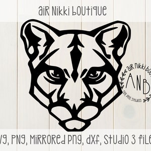 May include: Black and white silhouette of a cougar's head with a circle containing the text "air Nikki boutique AND" and the text "SVG, PNG, Studio 3 files".