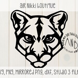 May include: Black and white silhouette of a cougar's head with a circle containing the text "air Nikki boutique AND" and the text "SVG, PNG, Studio 3 files".