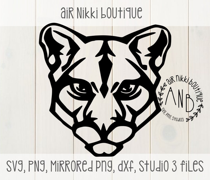 May include: Black and white silhouette of a cougar's head with a circle containing the text "air Nikki boutique AND" and the text "SVG, PNG, Studio 3 files".