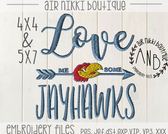 Love me some Jayhawks, 4x4, 5x7, embroidery file, pes, dst, exp, jef, vip, vip3, xxx, instant download