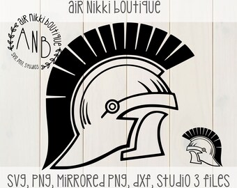 May include: Black and white vector graphic of a Roman helmet with a plume. The helmet is in the style of a gladiator's helmet. The text "air Nikki boutique" is at the top of the image. The text "SVG, PNG, MIRRORED PNG, dxf, Studio 3 files" is at the bottom of the image.