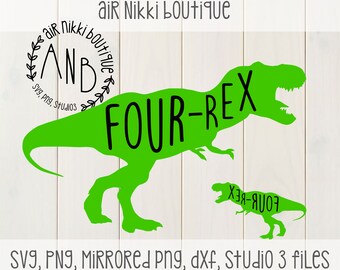 May include: Green dinosaur silhouette with the text "FOUR-REX" inside. A smaller green dinosaur silhouette with the text "FOUR-REX" inside is below the larger dinosaur. The text "air Nikki boutique" is at the top of the image.