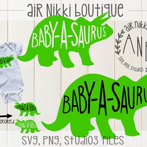 Baby-a-saurus, faire-part de bébé, dinosaure, tricératops, SVG, PNG, fichiers studio3, téléchargement immédiat