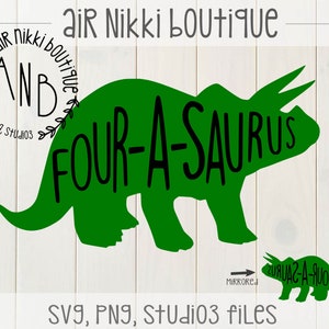 May include: Green dinosaur silhouette with the text "FOUR-A-SAURUS" in black. A smaller green dinosaur silhouette is below the larger one with the text "ZURUAZ-A-AUOJ" in black. The text "Air Nikki boutique" is at the top of the image. The text "SVG, PNG, Studio3 files" is at the bottom of the image.
