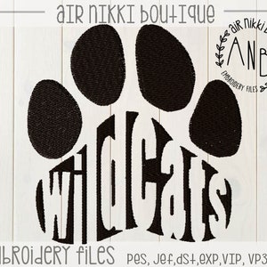 Wildcats, paw print, 4x4, 5x7, embroidery file, pes, dst, exp, jef, vip, vip3, xxx, instant download, zipped file, school spirit,