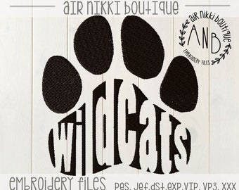 Wildcats, paw print, 4x4, 5x7, embroidery file, pes, dst, exp, jef, vip, vip3, xxx, instant download, zipped file, school spirit,