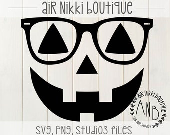 Pumpkin Face with Glasses, Jack o Lantern wearing glasses SVG, PNG, Studio 3 files, instant download