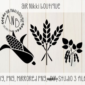 May include: Black and white silhouette design of a corn cob, wheat stalks, and a bean pod. The design is labeled "air Nikki boutique" and "ANB".