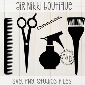 Hair dresser, comb, scissors, bobby pin, spray bottle, dye brush, SVG, PNG, studio3 files, 300 dpi, instant download