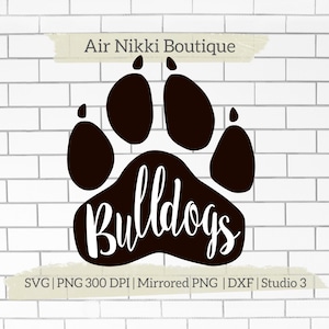 Bulldogs in Paw Print SVG PNG DXF gespiegeld png Studio 3 bestanden instant download cricut silhouette cameo htv vinyl voetbalshirt idee diy