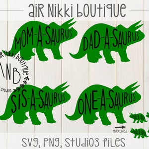 One-a-saurus, Mom-a-saurus, Dad-a-saurus, Sis-a-saurus, Pack, first birthday, one, Dinosaur SVG, PNG ,DXF, studio 3 files, instant download