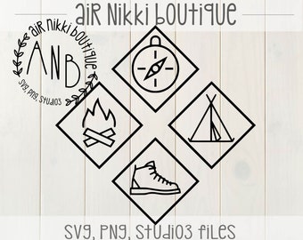 Camping, camp fire, hiking boots, tent, compass, SVG, PNG, studio3 files, instant download