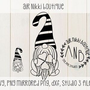 May include: Black and white illustration of a gnome holding a four-leaf clover. The gnome is wearing a striped hat. The text "air Nikki boutique" is written in a circle with a wreath around it. The text "AND" is written in the center of the circle. The text "Svg, png, Studio309" is written below the circle.