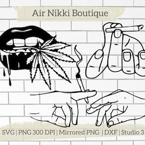 May include: Black and white line art illustration of a marijuana leaf, a mouth with teeth, and two hands holding a cigarette. The text "Air Nikki Boutique" is at the top of the image.