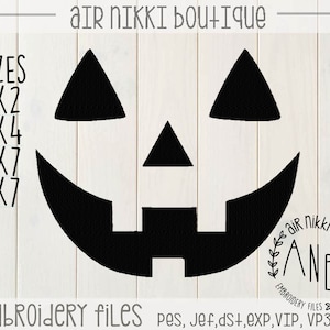May include: Black and white embroidery design of a jack-o'-lantern face. The design is available in multiple sizes: 2x2, 4x4, 5x7, and 7x7. The design is for embroidery files and includes the following formats: pes, Jef, dst, exp, VIP, VP3, and XXX.