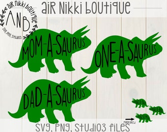 One-a-saurus, Mom-a-saurus, Dad-a-saurus, Pack, first birthday, one, Dinosaur SVG, PNG, Mirrored png, Studio 3 files, instant download