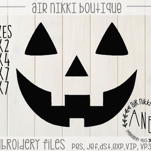 May include: Black and white embroidery design of a jack-o'-lantern face. The design is available in multiple sizes: 2x2, 4x4, 5x7, and 7x7. The design is for embroidery files and includes the following formats: pes, Jef, dst, exp, VIP, VP3, and XXX.