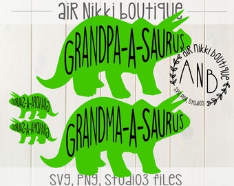 Grandpa-a-saurus, Grandma-a-saurus, triceratops, SVG, PNG, studio3 files, instant download