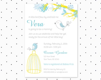 Baby shower invitation / bird / baby boy / printable