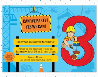 3rd birthday invitation / Kids Birthday invitation / bob the builder theme / construction / boys birthday invitation