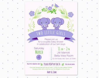 Twin girls baby shower invitation / twins / elephants / baby girl / printable