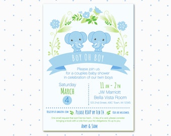 Twin boys baby shower invitation / twins / elephants / baby boy / printable