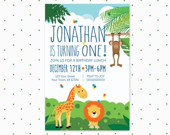 1st birthday invitation / Kids Birthday invitation / jungle theme / animals / boys birthday invitation