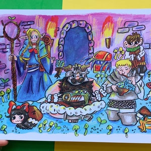 May include: A colorful illustration of a group of fantasy characters in a whimsical setting. A female character with long blonde hair and a blue dress holds a staff. A large, furry creature with a beard sits on a cloud-like throne. A male character with blonde hair and a chainmail tunic holds a bowl of food. A small, green frog sits on the ground. The illustration is painted in a vibrant style with bright colors and whimsical details.