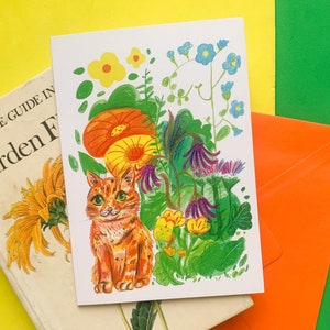 Carte de voeux florale A6 chat orange, fête des mères, anniversaire, je pense à vous, jardin, plantes, printemps, chaton kawaii gingembre