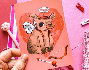 Cupig Valentines A6 Card - Cute Pig Valentine - Red and Pink