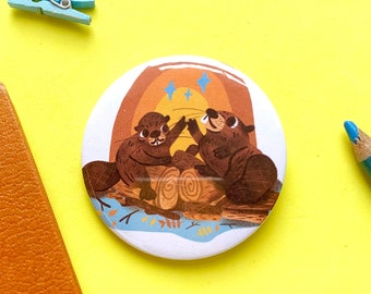 Beavers Cute 58mm Button Badge - Wildlife Pin - Nature Art