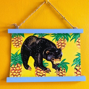 Sun Bear and Pineapples A4 Print Colourful Animal Wall Art Botanical Fruits image 1