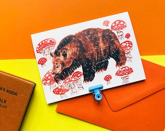 Bear and Toadstools A6 Greeting Card - Mushrooms Wildlife Nature - Autumn Fall - Recycled Sustainable - Orange Red