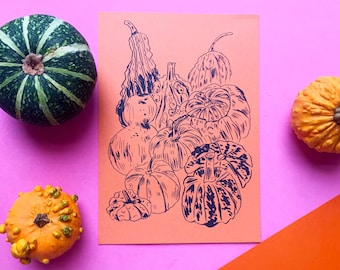 Gourd Autumnal A5 Orange Risograph Print - Mini Art Print - Riso - Small Pumpkins