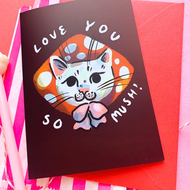 Love You So Mush Card Cute Cat Valentines Mushroom image 4