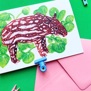 バクとマネープラント A6 リサイクルグリーティングカード、かわいい赤ちゃん動物、野生動物、自然、誕生日、新居、あなたを想っています、かわいい