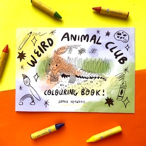 May include: A coloring book cover with a whimsical illustration of a pangolin, surrounded by stars and a rainbow. The title is "Weird Animal Club Coloring Book!" by Sophie Heywood.
