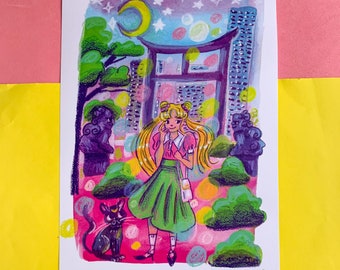 Moonlit Stroll A4 Art Print - Cute Kawaii Cat - Pastel Vaporwave - Anime Gift - Tori Gate Shrine Moon