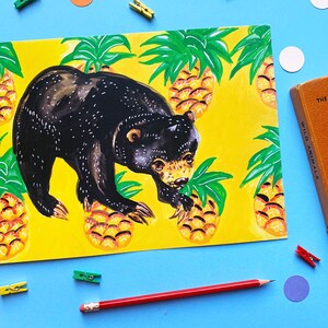 Sun Bear and Pineapples A4 Print Colourful Animal Wall Art Botanical Fruits image 3
