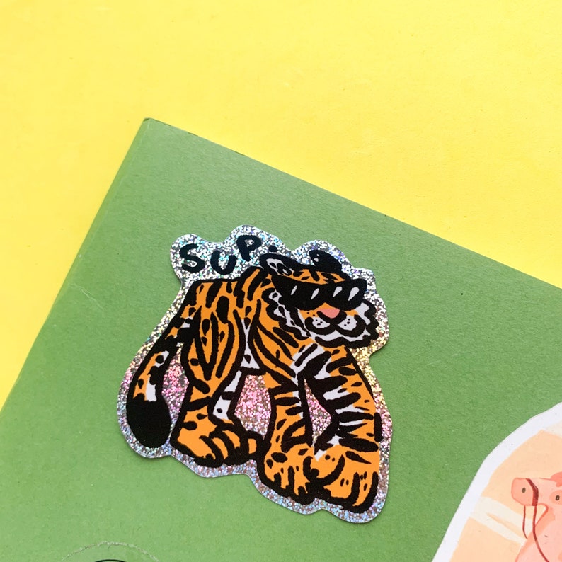 Sup Tiger Eco Glitter Shiny Sticker Water Resistant Cute Laptop Bottle image 3