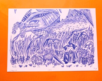 Dragon and Bark Mage A4 Risograph Print, Fantasy Art
