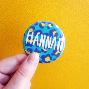 Personalised Custom Name Button Badge Leopard (blue)