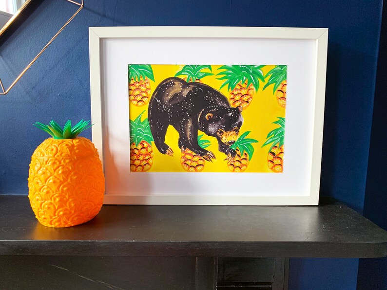 Sun Bear and Pineapples A4 Print Colourful Animal Wall Art Botanical Fruits image 5