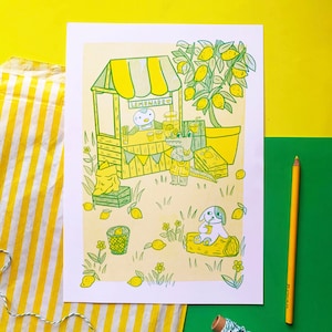 Limonadenstand Risograph Print, bunte Wandkunst Riso, Kinderzimmer, Kinderzimmer, niedliches Krokodil, lustige Tiere, Pinguin, Hund, Zitronen, Zitrone